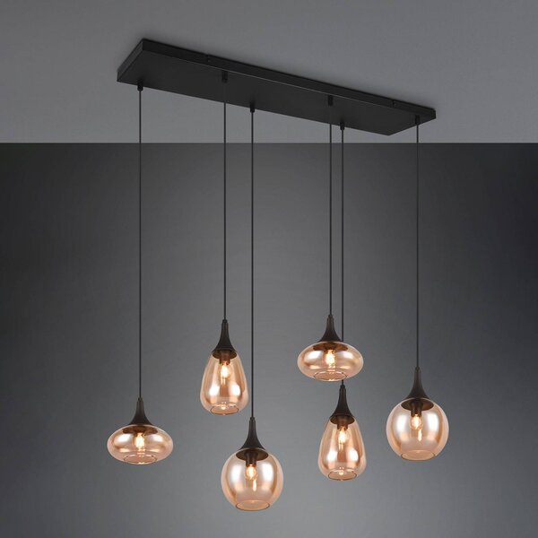 Trio Lighting Závěsné svítidlo Lumina, 6 světel, černá/jantarová, sklo, stmívatelný, Černá, Obývací pokoj / jídelna, Sklo, Moderní