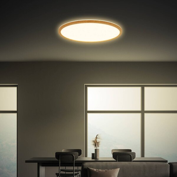 Briloner LED stropní svítidlo Tava Wood, Ø 42 cm, plast, 3 000 K, Světlé dřevo, Obývací pokoj / jídelna, Plast