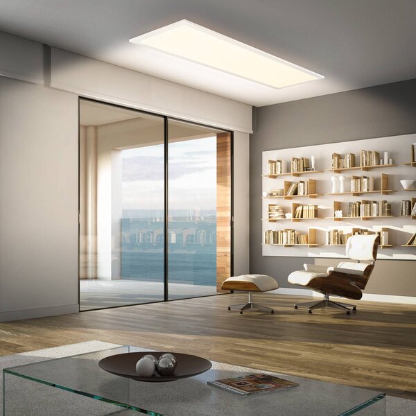 Briloner LED panel Piatto IP44, 100 x 25 cm, dálkové ovládání, bílý, stmívatelný, Bílá / opál, Pracovna / kancelář, kov