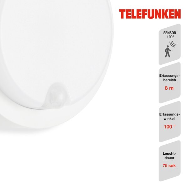TF 315306TF TELEFUNKEN LED venkovní nástěnné svítidlo s čidlem, pr. 17 cm, 12 W, bílé - BRILONER