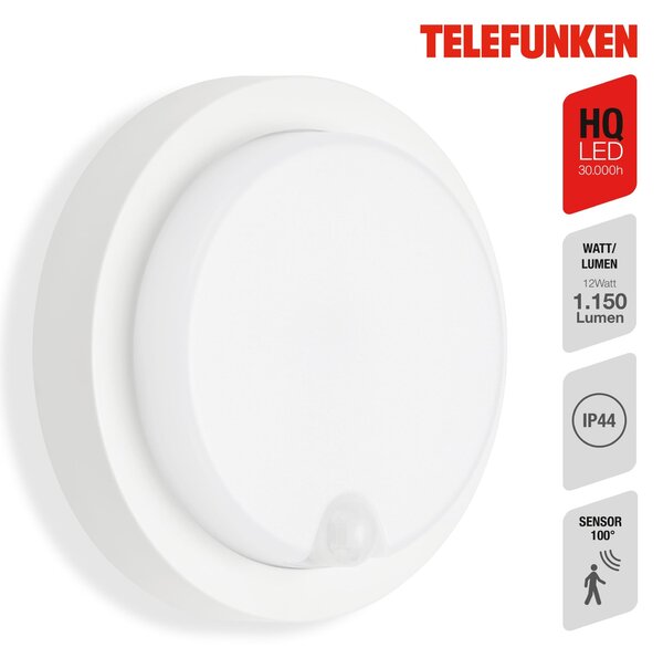 TF 315306TF TELEFUNKEN LED venkovní nástěnné svítidlo s čidlem, pr. 17 cm, 12 W, bílé - BRILONER