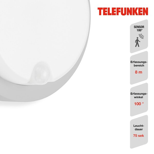 TF 315304TF TELEFUNKEN LED venkovní nástěnné svítidlo s čidlem, pr. 17 cm, 12 W, stříbrná - BRILONER