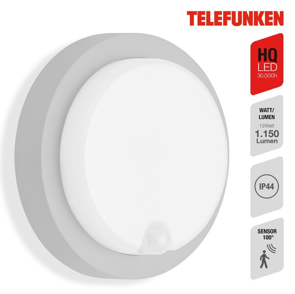 TF 315304TF TELEFUNKEN LED venkovní nástěnné svítidlo s čidlem, pr. 17 cm, 12 W, stříbrná - BRILONER