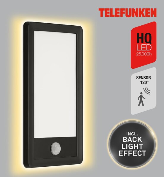 TF 313905TF TELEFUNKEN LED venkovní nástěnné svítidlo s čidlem, 28 cm, 16 W, černá - BRILONER