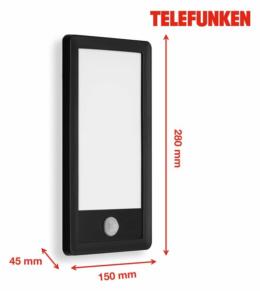 TF 313905TF TELEFUNKEN LED venkovní nástěnné svítidlo s čidlem, 28 cm, 16 W, černá - BRILONER