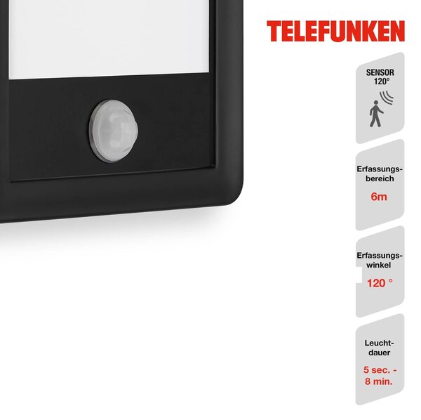 TF 313905TF TELEFUNKEN LED venkovní nástěnné svítidlo s čidlem, 28 cm, 16 W, černá - BRILONER