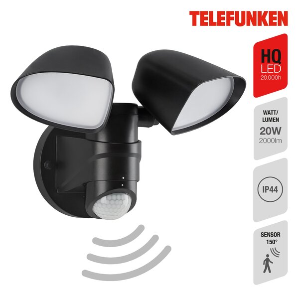 TF 304605TF TELEFUNKEN LED venkovní bodové svítidlo s čidlem, 21,8 cm, 20 W, černá - BRILONER