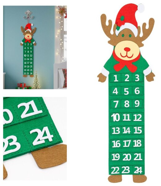 Adventní kalendář s kapsami plstěný pro děti - sob 63,5cm, vánoční dekorace
