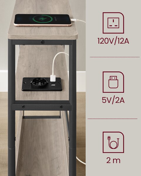 VASAGLE Odkládací stolek úzký s el. a USB zásuvkou šedý