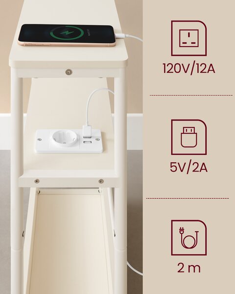 VASAGLE Odkládací stolek úzký s el. a USB zásuvkou světlý