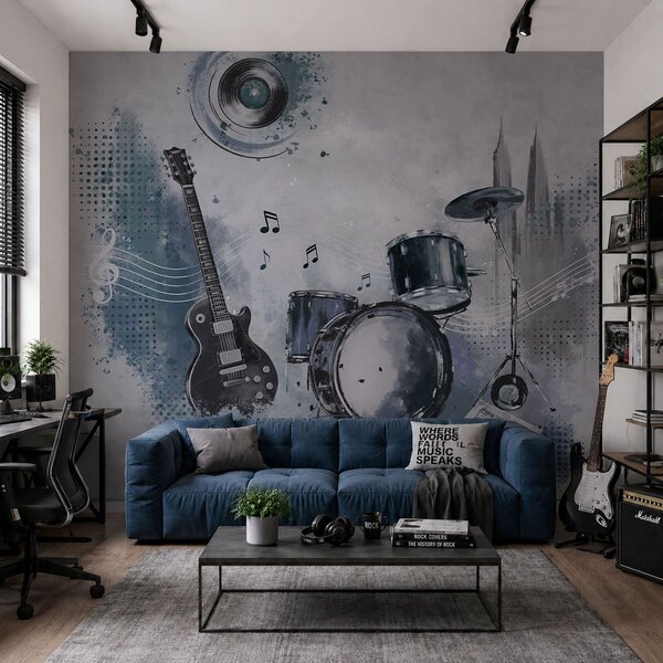 Fototapety Kytara a bicí souprava s notami, Tapety Unikátní, w05546 : uwalls.cz