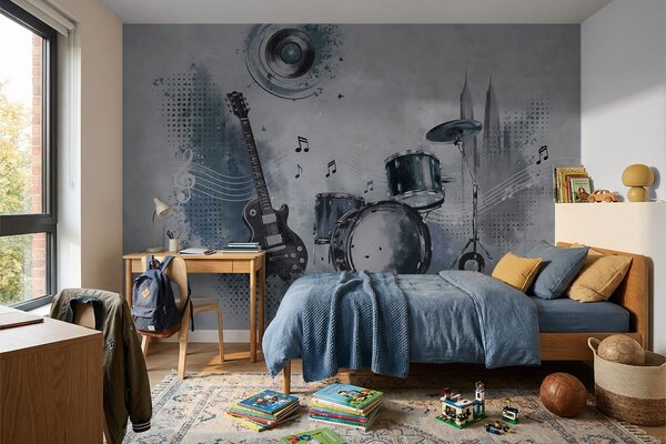 Fototapety Kytara a bicí souprava s notami, Tapety Unikátní, w05546 : uwalls.cz