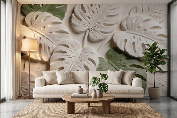 Fototapety Reliéfní motivy botanických listů monstery v krémových a zelených odstínech, Fototapety příroda, w09883 : uwalls.cz