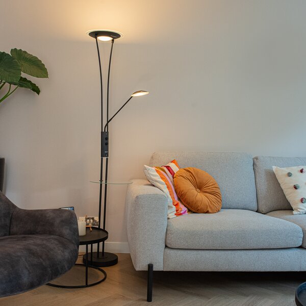 Stojací lampa černá s ramenem na čtení vč. LED a USB portem - Sevilla