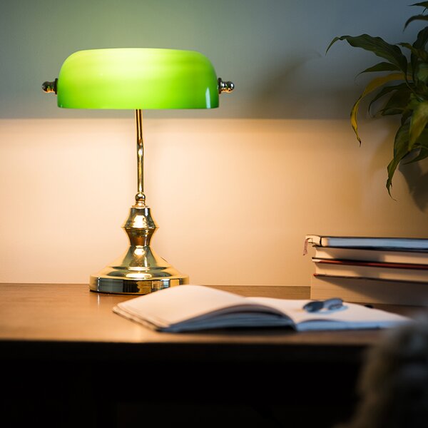 Klasická stolní lampa/lampa notáře mosazná se zeleným sklem - Banker