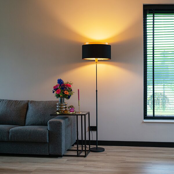 Moderní stojací lampa černá se zlatým dvojitým stínítkem - Parte