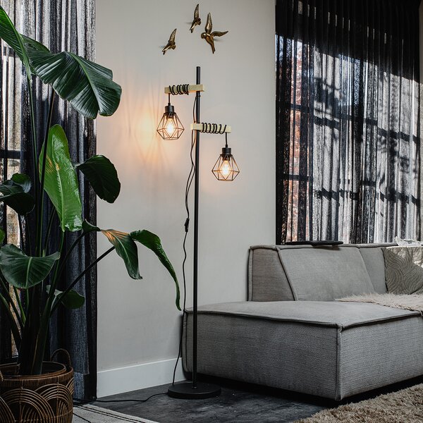 Rustikální stojací lampa černá se dřevem 2-světlo - Chon