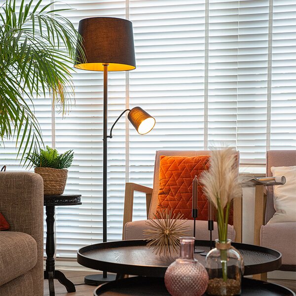 Klasická stojací lampa černá se zlatem a lampičkou na čtení - Retro