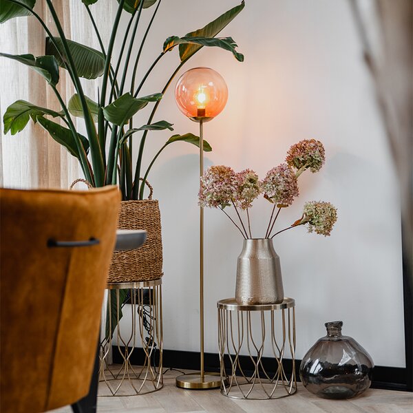 Stojací lampa v art deco stylu mosazná s růžovým sklem - Pallon
