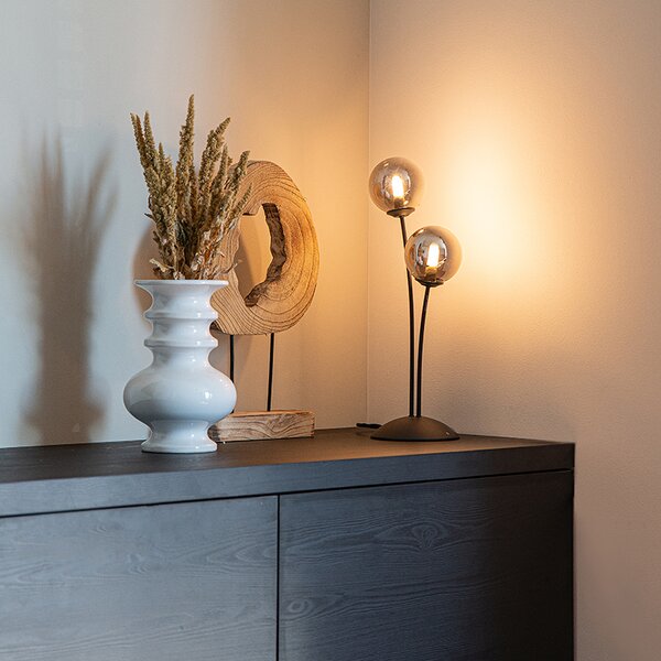 Moderní stolní lampa černá 2-světlo s kouřovým sklem - Atény