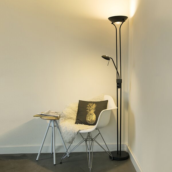 Stojací lampa černá s lampou na čtení vč. LED a stmívače - Diva 2