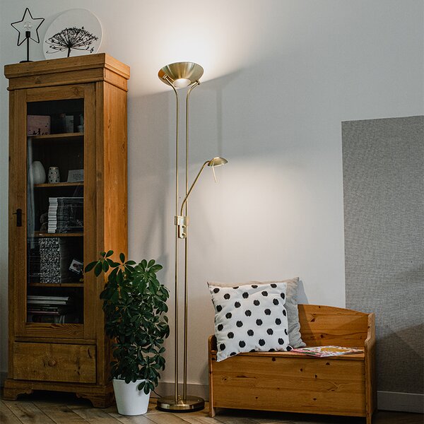 Stojací lampa zlatá s lampou na čtení vč. LED a stmívače - Diva 2