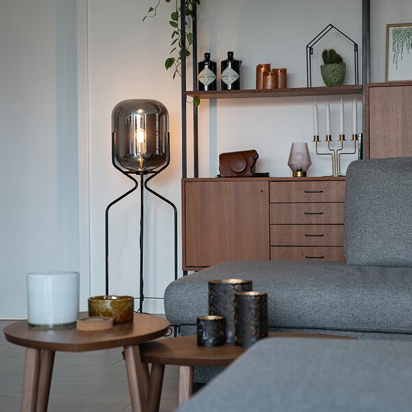 Designová stojací lampa černá s kouřovým sklem - Bliss