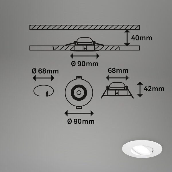 BRI 7597036 3ks sada LED vestavné svítidlo, 9 cm, 4,9W, 480lm, bílé - BRILONER