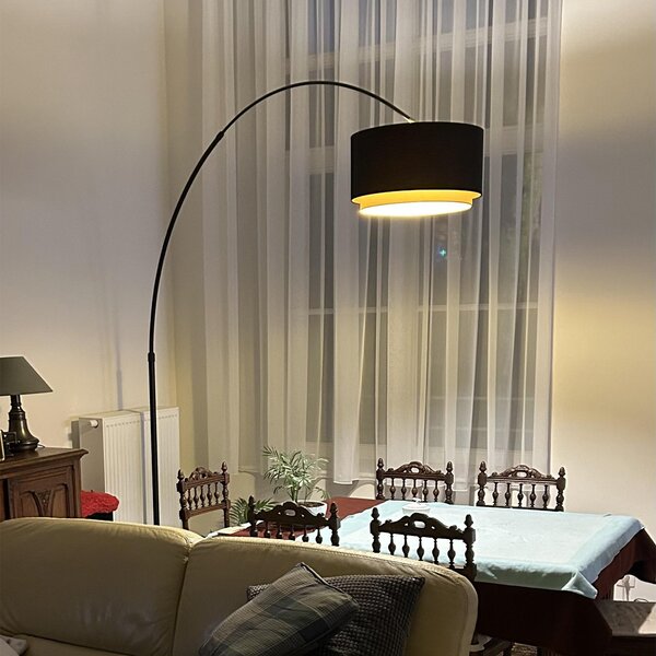Moderní oblouková stojací lampa černá s dvojitým stínidlem černá se zlatou - XXL