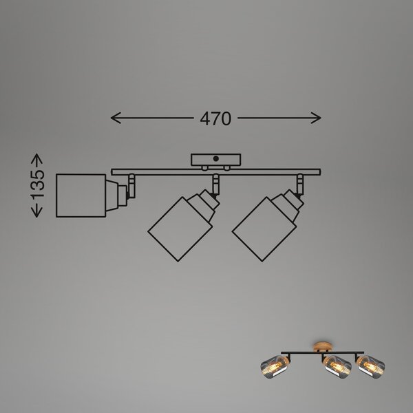 BRILO 2485035 Briloner Hema stropní bodové svítidlo, kouřové sklo, nastavitelné, 3-ramenné, dřevěná základna - BRILONER