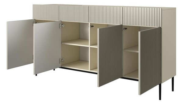 Moderní komoda Nicole 200 cm čtyřdveřová se zásuvkami s ryhovaným čelem - kašmír / černé nohy
