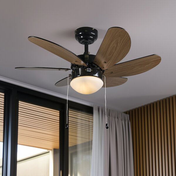 Stropní ventilátor černý s potiskem dřeva 80 cm s tahovým spínačem - Fresh