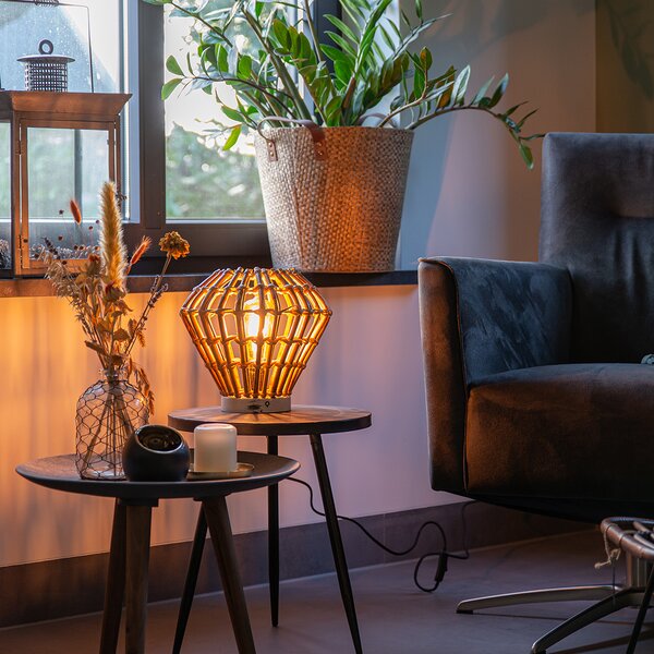 Rustikální stolní lampa bambus s bílou - Canna Diamond