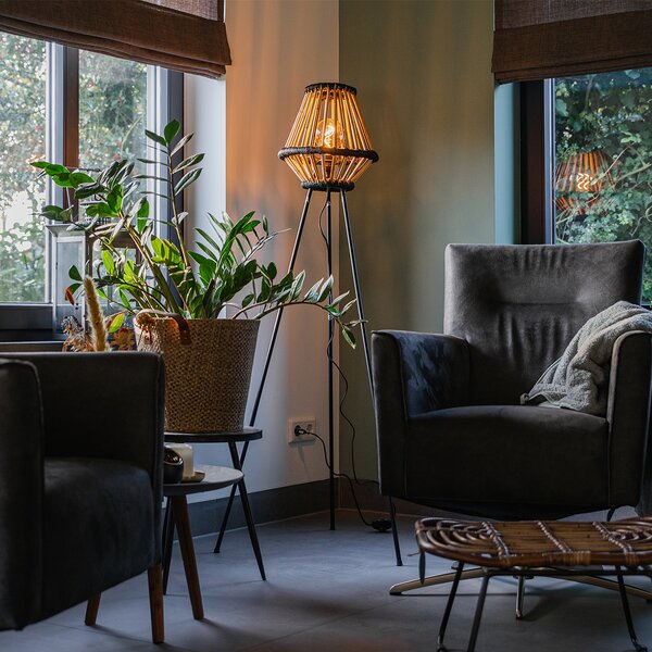 Orientální stojací lampa na trojnožce bambus s černou - Evalin