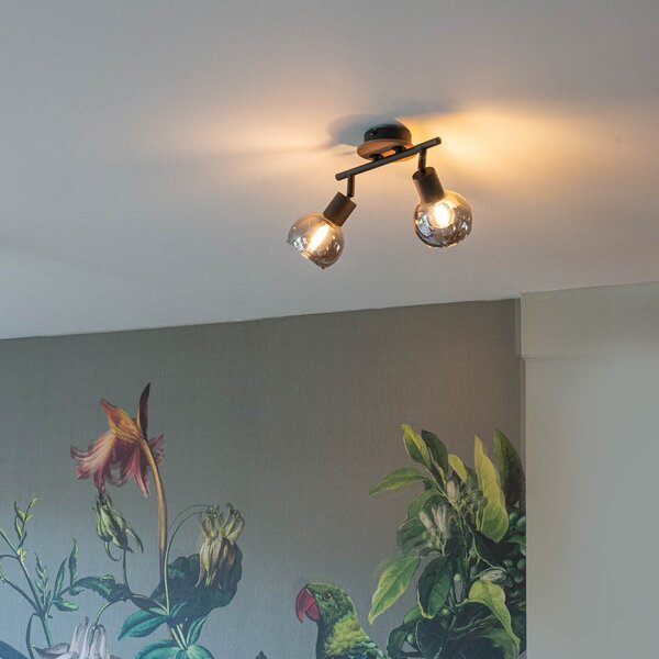 Stropní lampa černá s kouřovým sklem a dřevem 2-světlo - Vidro