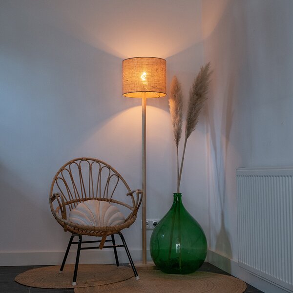 Venkovská stojací lampa dřevěná s lněným stínítkem přírodní 32 cm - Mels
