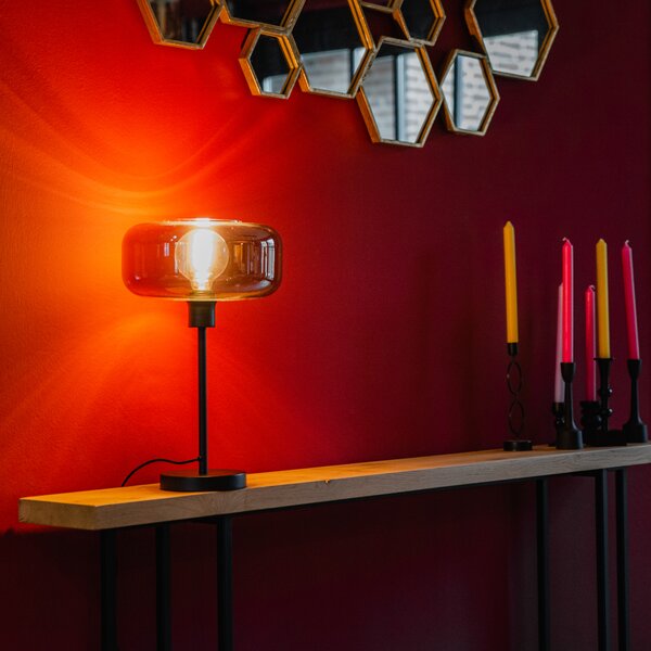 Art Deco stolní lampa černá s kouřovým sklem - Bizle