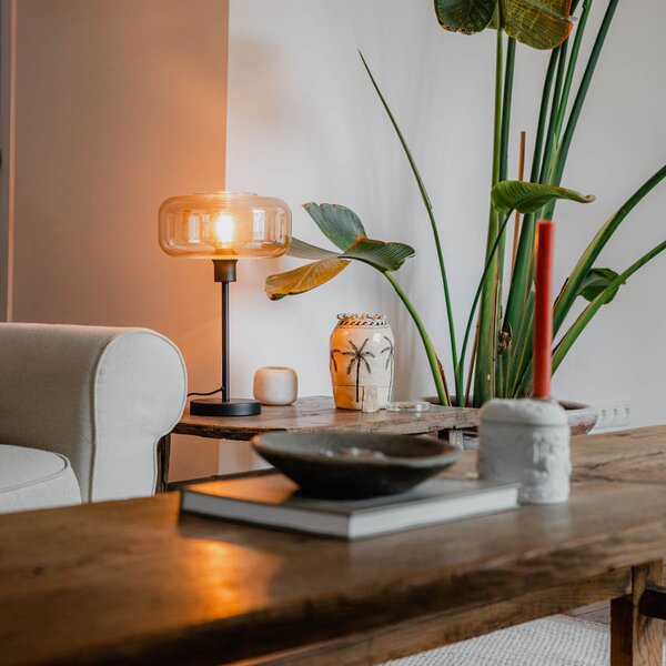 Stolní lampa v art deco stylu černá s jantarovým sklem - Bizle
