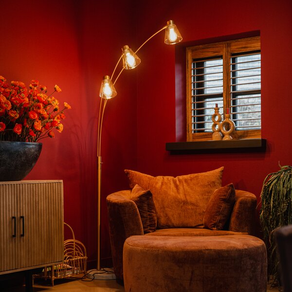 Oblouková lampa bronzová s mramorem a jantarovým sklem 3-světlo - Nina