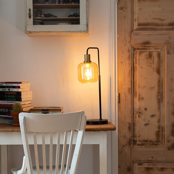 Designová stolní lampa černá s mosazí a jantarovým sklem - Zuzanna