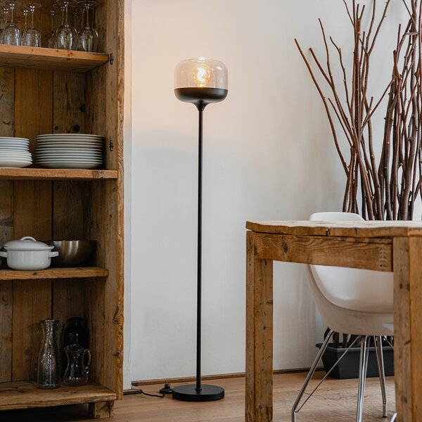 Designová stojací lampa černá se zlatem a kouřovým sklem - Kyan