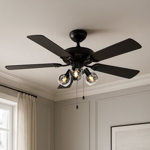 Stropní ventilátor černý s dřevěným potiskem 107,5 cm 3-světla s tahovým spínačem - Mistral Vidro