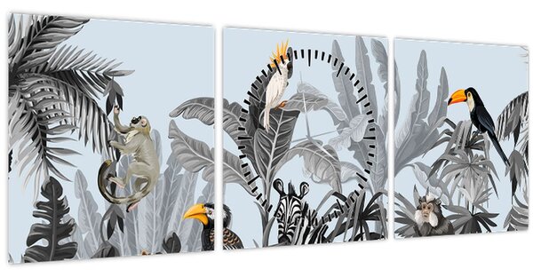 Obraz zvířat v tropickém lese (s hodinami) (90x30 cm)
