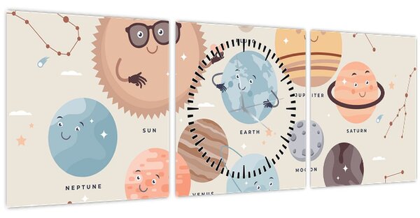 Obraz - Planetky s názvy (s hodinami) (90x30 cm)