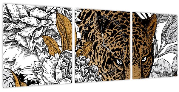 Obraz - Leopard mezi květy (s hodinami) (90x30 cm)