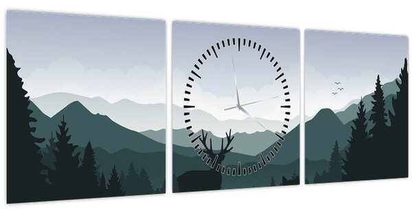 Obraz - Jelen s vlkem ve skalách (s hodinami) (90x30 cm)