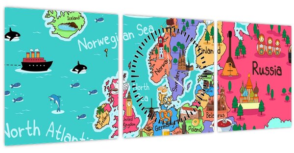 Obraz - Dětská mapa Evropy (s hodinami) (90x30 cm)
