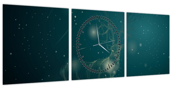 Obraz - Magický jelen v noci (s hodinami) (90x30 cm)