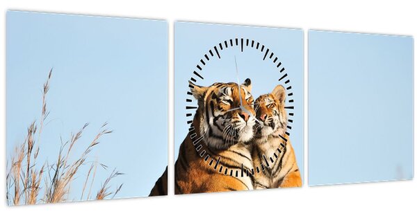 Obraz - Tygřice a její mládě (s hodinami) (90x30 cm)