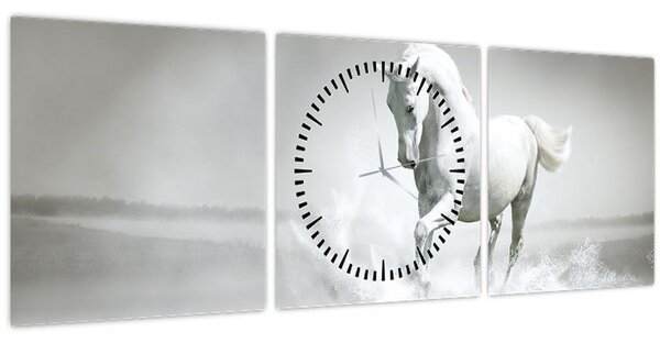 Obraz - Bílý kůň (s hodinami) (90x30 cm)